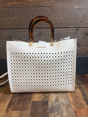 Anne Klein Perforated Tote White w/Tortoise Acrylic Handles Gold Hardware